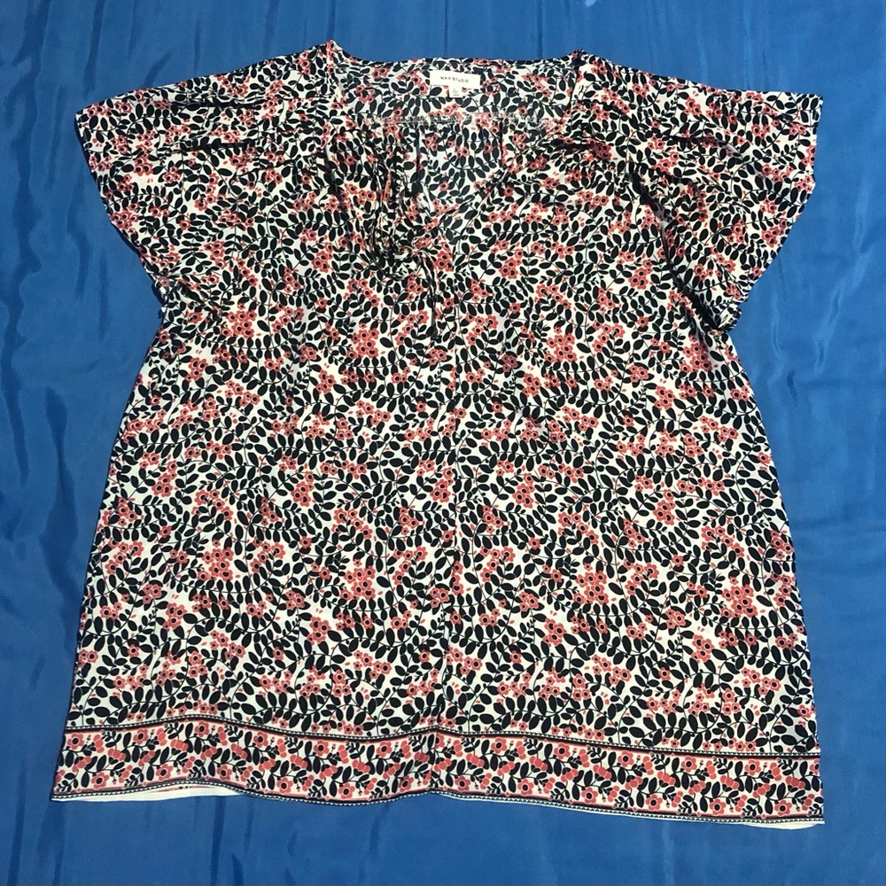 Max Studio Pink and Black Floral V-Neck Short Sleeve Tunic
